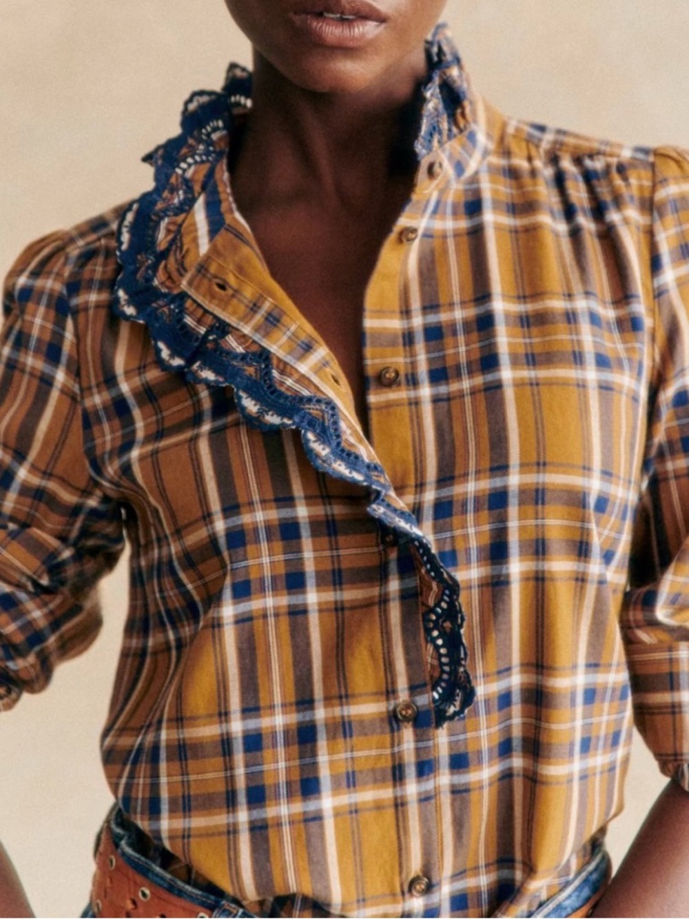 Sézane Chlo button down shirt, Ochre Checks, FR 34
